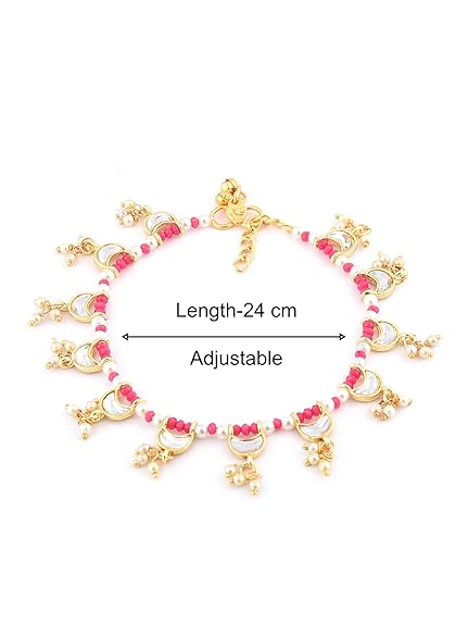 LukGud  Pink Crystals Beaded Crescent Shape Kundan Drop Anklets (2 Payals) For Women