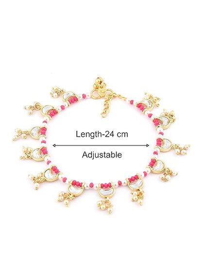 LukGud  Pink Crystals Beaded Crescent Shape Kundan Drop Anklets (2 Payals) For Women