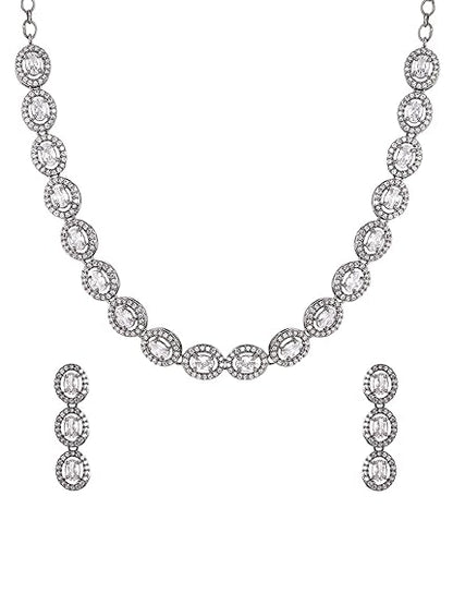 LukGud American Diamond Rhodium Rose Gold Plated AD Necklace Jewellery Set for Women