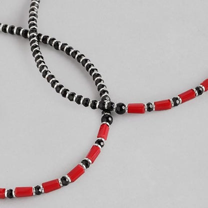 LukGud Silver Designer Black and Red Rhodium Plated Adjustable Beaded Anklet (Pair) | Gift for Women & Girls |