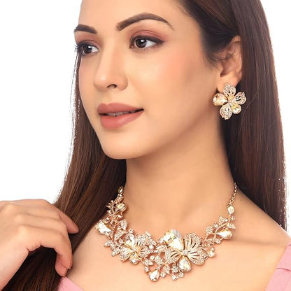 LukGud Jewellery Set For Women Rose Gold Plated Floral Designed Crystal Necklace Set For Women and Girls