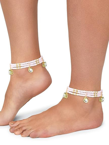 LukGud  Pink Crystal Beads Wedding Collection Kundan Payal For Women (2 Anklets)