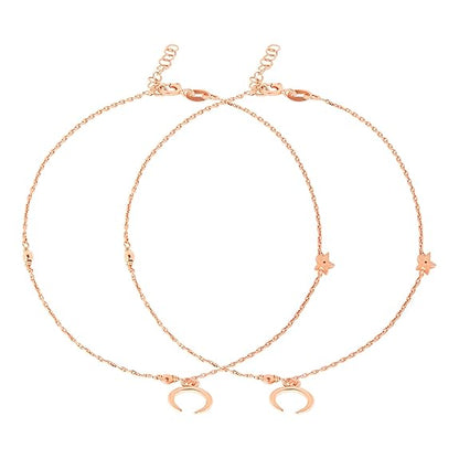 LukGud Silver Modest Moon Rose Gold Plating Chain Anklet (Pair) | Gift for Women & Girls |