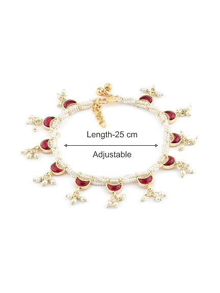 LukGud Pink Crescent Shape Kundan Drop Multistrand Anklets (2 Payals) For Women