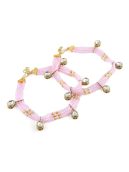 LukGud  Pink Crystal Beads Wedding Collection Kundan Payal For Women (2 Anklets)