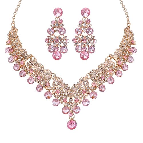 LukGud Stylish Design Fancy Wedding Party Crystal Diamonds Necklace Jewellery Set for Women