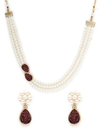 LukGud  Pink Stone Studded Pearl Kundan Necklace Set for Women