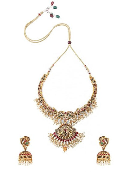 LukGud Gold-Plated Temple Necklace Set Stone-Studded Necklace Set For Women & Girls