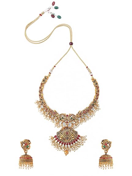 LukGud Gold-Plated Temple Necklace Set Stone-Studded Necklace Set For Women & Girls