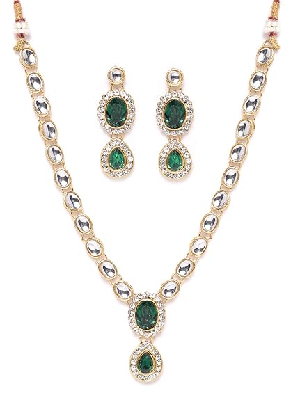 LuKGud Gold Tone Kundan & Green Stones Wedding Collection Necklace & Earring Set For Women