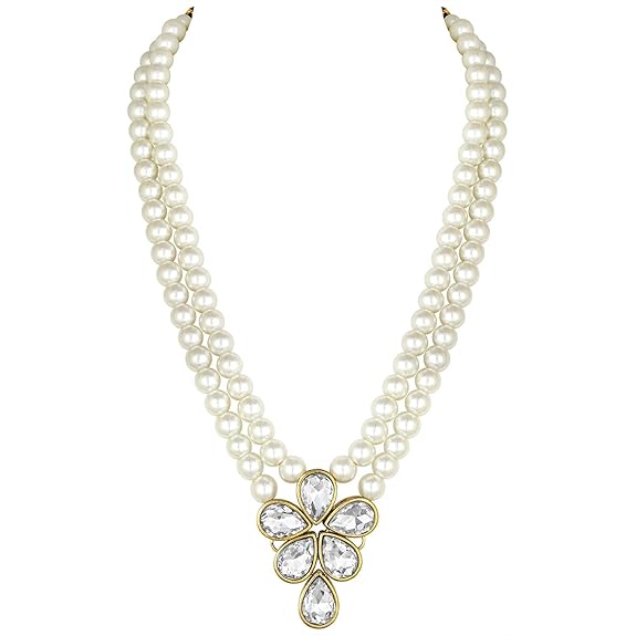 LukGud 18k Gold Plated Traditional Kundan & Pearl Studded Necklace Jewellery Set For Women