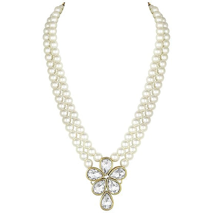 LukGud 18k Gold Plated Traditional Kundan & Pearl Studded Necklace Jewellery Set For Women