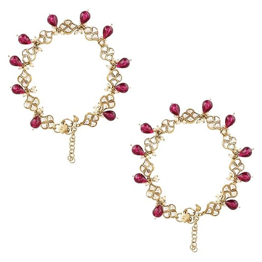 LukGud Gold Plated Adjustable Kundan Pearl Payal Anklets Jewellery for Women & Girls