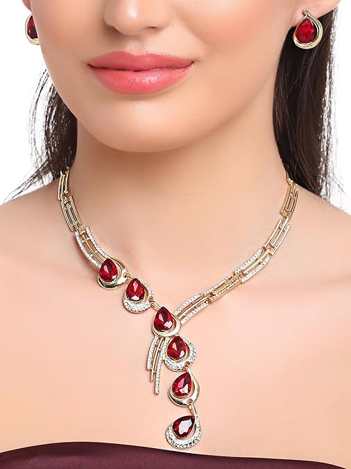 LukGud Stylish Fancy Gold Plated Crystal Earrings Necklace Jewellery Set for Women