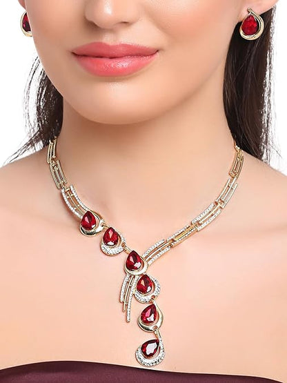 LukGud Stylish Fancy Gold Plated Crystal Earrings Necklace Jewellery Set for Women