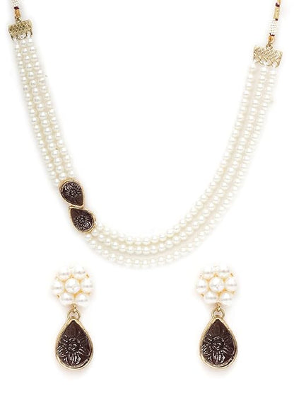 LukGud  Pink Stone Studded Pearl Kundan Necklace Set for Women