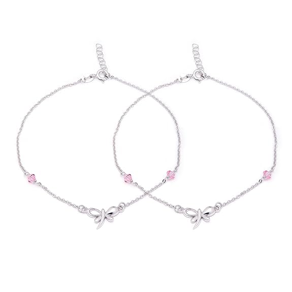 LukGud Silver Designer Pink Cubic Zirconia CZ Butterfly Adjustable Rhodium Plated Chain Anklet (Pair) | Gift for Women & Girls