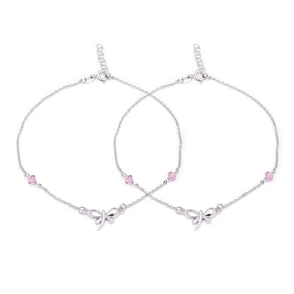 LukGud Silver Designer Pink Cubic Zirconia CZ Butterfly Adjustable Rhodium Plated Chain Anklet (Pair) | Gift for Women & Girls