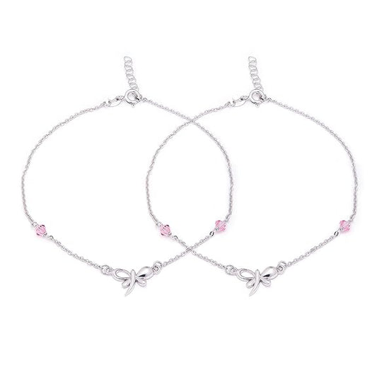 LukGud Silver Designer Pink Cubic Zirconia CZ Butterfly Adjustable Rhodium Plated Chain Anklet (Pair) | Gift for Women & Girls