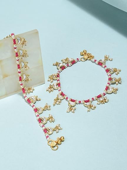 LukGud  Pink Crystals Beaded Crescent Shape Kundan Drop Anklets (2 Payals) For Women