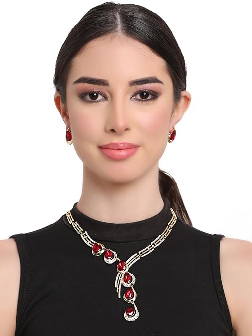 LukGud Stylish Fancy Gold Plated Crystal Earrings Necklace Jewellery Set for Women