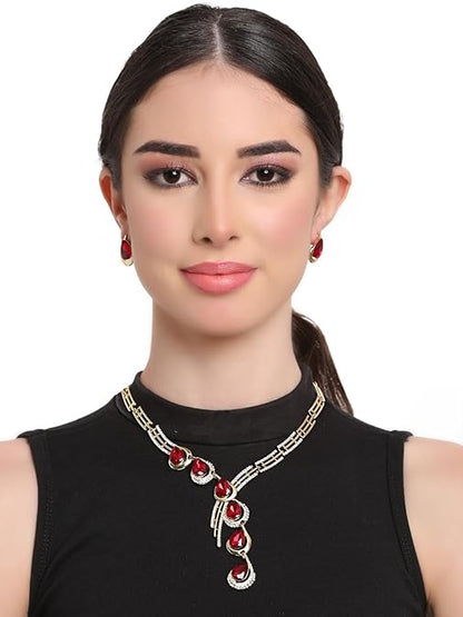 LukGud Stylish Fancy Gold Plated Crystal Earrings Necklace Jewellery Set for Women