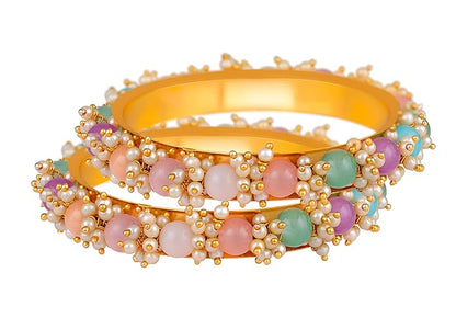 LukGud Less Fashion Gold Plated Cluster Pearl Beads Bangle Set for Women and Girls. (Set of 2)