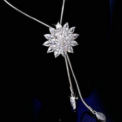 LukGud Crystal Flower Long Chain Stylish Pendant Necklace for Women and Girls