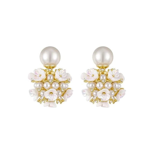 LukGud Shell Resin Delicate Pearl Flower Zircon Earrings