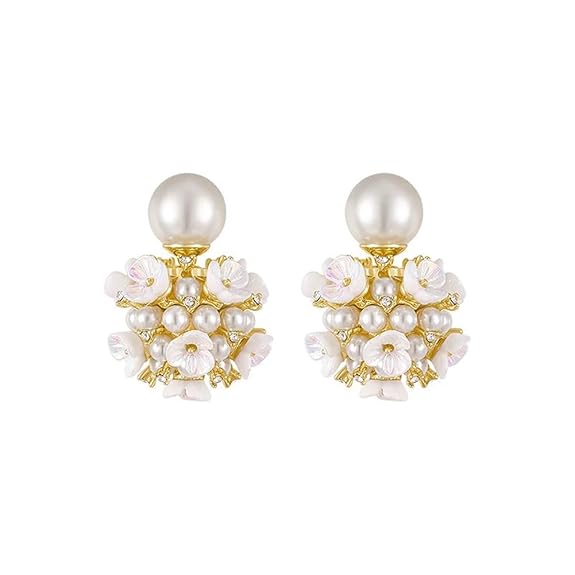 LukGud Shell Resin Delicate Pearl Flower Zircon Earrings