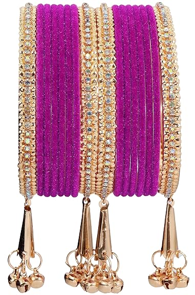 LukGud Velvet Studded Bells Latkan Bangles Set For Girls and Women -  Pack of 16 Bangles