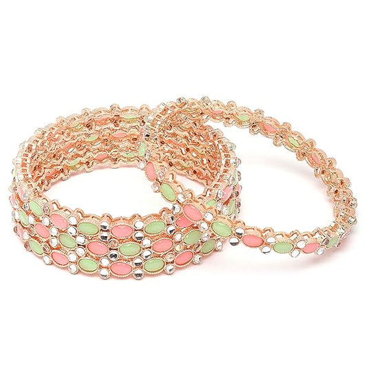 LukGud Rose Gold-Plated Lime Green & White Oval Shaped | Bangles Set for Girls and Women (Set Of 4)