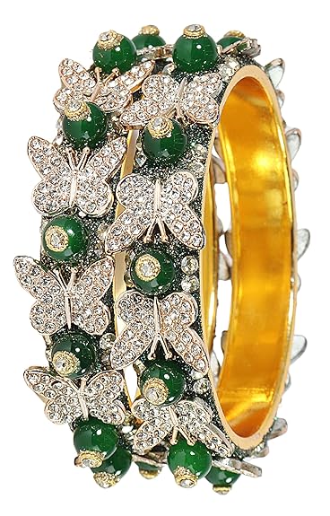 LukGud Stylish Butterfly Design Golden Metal with Zircon Diamond & Pearls Moti Bangles Kada For Women & Girls