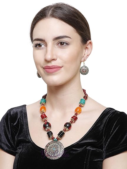 LukGud Stylish Latest Tibetan Pendant Necklace with Earrings for Women & Girls