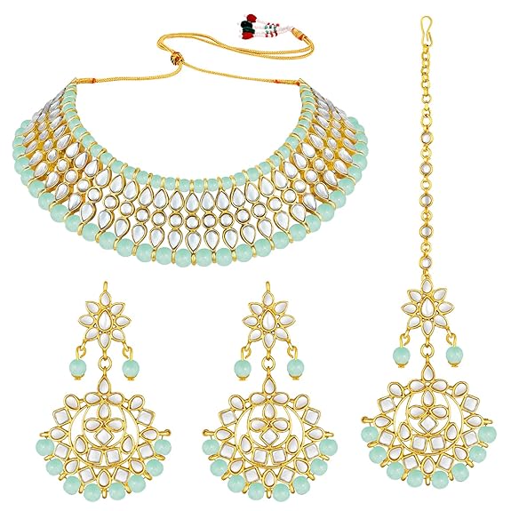 LukGud Gold Plated White Pearl Kundan Choker Necklace with Earring Maang Tikka Traditional Jewellery Set for Women