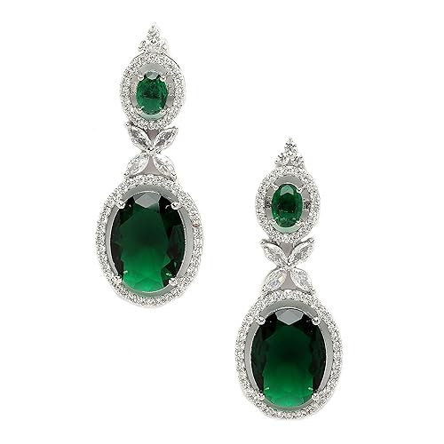 LukGud Oxidised Silver-Plated American Diamond studded Oval Shaped Drop Earrings Jewellery For Girls and Women