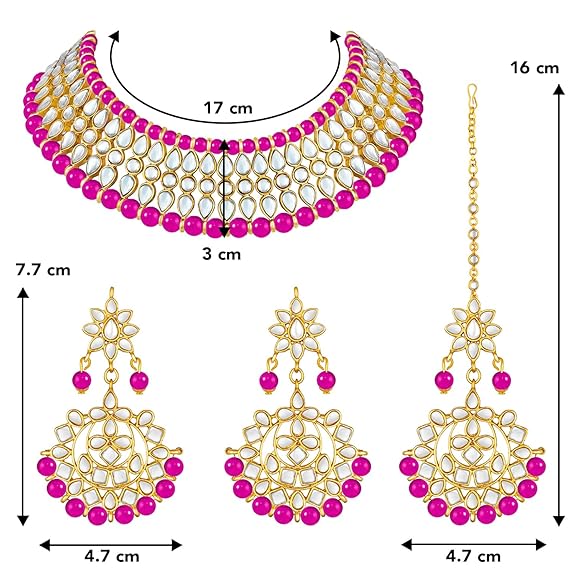 LukGud Gold Plated White Pearl Kundan Choker Necklace with Earring Maang Tikka Traditional Jewellery Set for Women