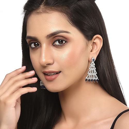 LukGud Oxidised Silver-Plated American Diamond studded Triangular Shaped Drop Earrings for Girls and Women