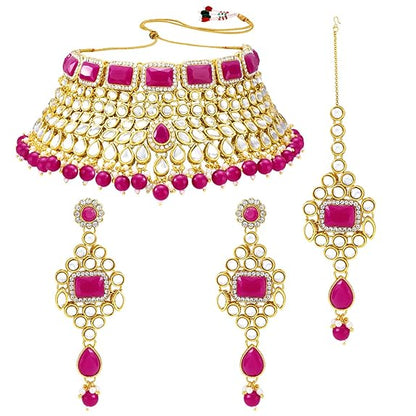 LukGud Rani Padmavati Kundan Faux Pearl Choker Necklace with Earrings Maang Tikka for Women Girls Traditional Jewellery set