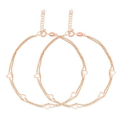 LukGud 925 Sterling Silver Layered Rose Gold Plating Hearts Anklets (Pair) | Gift for Women & Girls