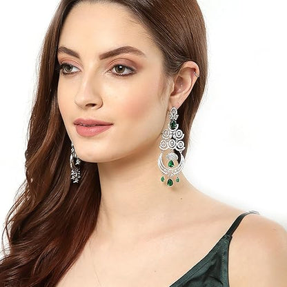 LukGud Floral Shaped American Diamond Dangle Chandelier Earring For Women And Girls