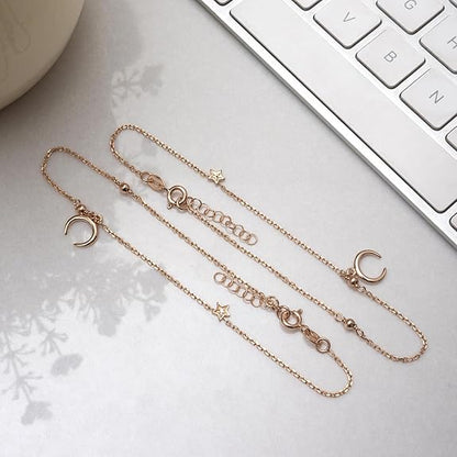 LukGud Silver Modest Moon Rose Gold Plating Chain Anklet (Pair) | Gift for Women & Girls |