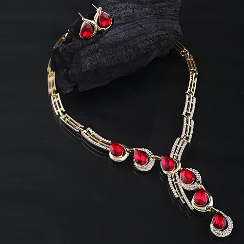 LukGud Stylish Fancy Gold Plated Crystal Earrings Necklace Jewellery Set for Women