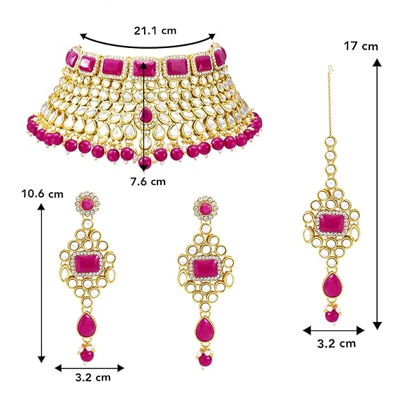 LukGud Rani Padmavati Kundan Faux Pearl Choker Necklace with Earrings Maang Tikka for Women Girls Traditional Jewellery set