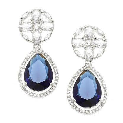 LukGud Rhodium-Plated American Diamond Studded Teardrop & Floral Shaped Drop Earrings For Girls and Women