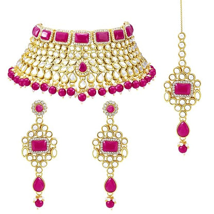 LukGud Rani Padmavati Kundan Faux Pearl Choker Necklace with Earrings Maang Tikka for Women Girls Traditional Jewellery set