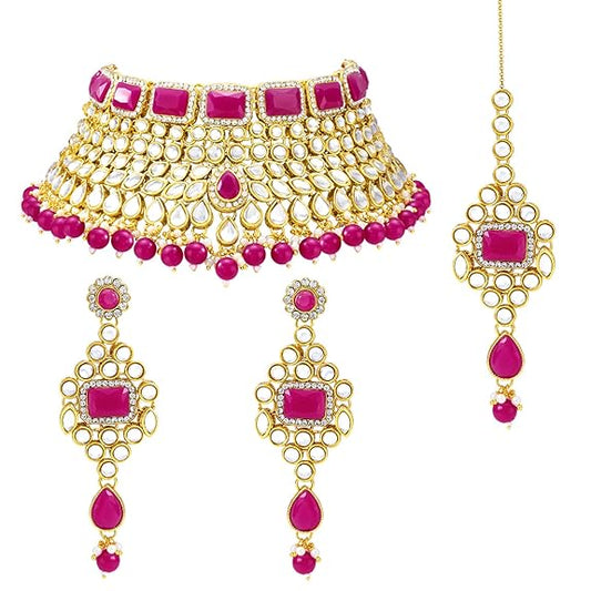 LukGud Rani Padmavati Kundan Faux Pearl Choker Necklace with Earrings Maang Tikka for Women Girls Traditional Jewellery set