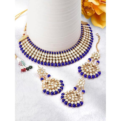 LukGud Gold Plated White Pearl Kundan Choker Necklace with Earring Maang Tikka Traditional Jewellery Set for Women