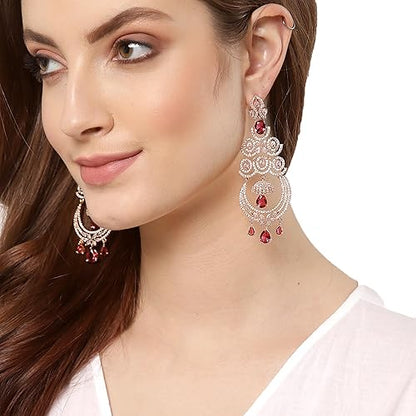 LukGud Floral Shaped American Diamond Dangle Chandelier Earring For Women And Girls