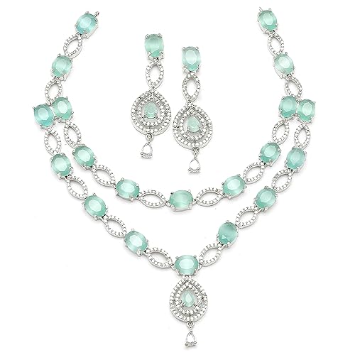 LukGud American Diamond Studded Abstract Necklace With Earrings Jewellery Set For Girls and Women